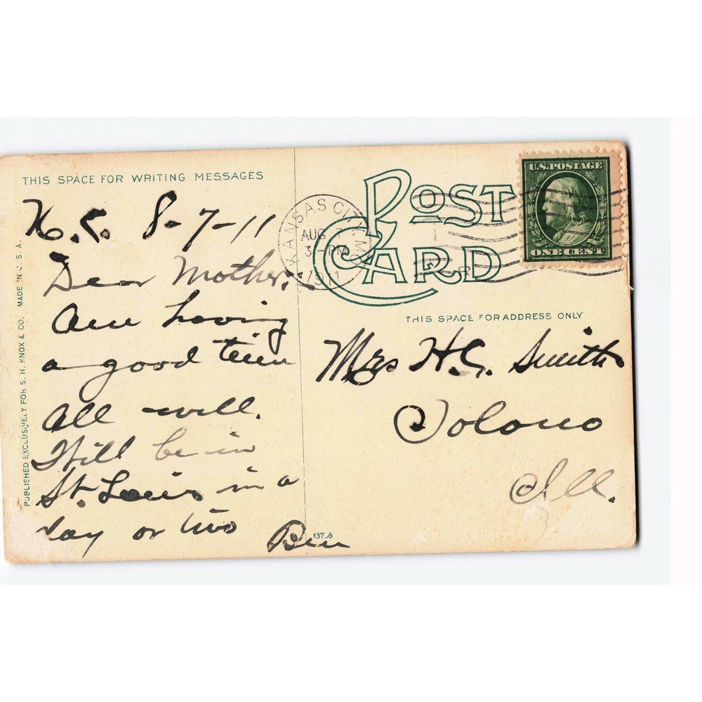 Calvary Baptist Church 9th & Harrison Kansas City Missouri MO 1911 Postcard - Picture 2 of 2